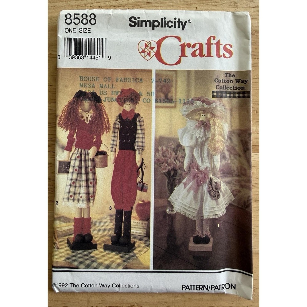 Simplicity 8588 Pattern 22" Dowel Dolls in 3 Styles The Cotton Way Collection UC